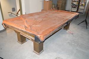 Billiards Table with Decorative Cover - 4 Cues, 6 Balls - Some Damage to Leg See Pictures