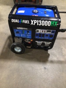lot 5 image: DUROMAX 13,000-Watt10,500-Watt Tri-Fuel Remote Start Gasoline Propane Natural Gas Portable Generator with CO Alert- Tested and working as expected - you will receive what you see in the picture- bottom frame bent but does not affect performance