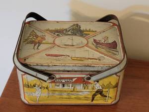 lot 20 image: LITHOGRAPHED TIN LUNCH BOX-FIVE SCENES FROM THE 20S