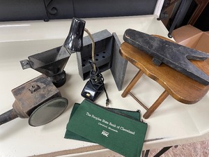 Small wooden stool, bank bags, lant...