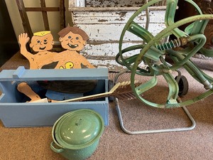 Wooden box, hose holder, enamel pot...
