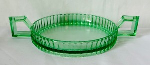 Antique Heisey Moon Gleam Uranium Glass Upturned Bon Bon Plate and Drip Tray
