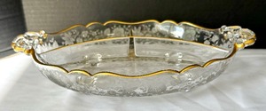 Wildflower Crystal Compote and Relish Tray Set by Cambridge Glass, Gold Decorated
