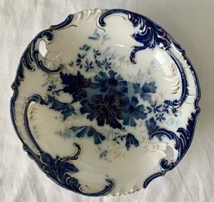 Flow Blue 9 Plate, Includes Hanger and R.S. Prussia - Green R.S. Steeple Mark, Flat Bowl