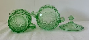 Vintage Uranium Cubist Depression Green Glass, Sugar with Lid and Creamer