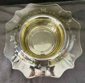 Vintage Cambridge Glass Yellow 13 Diameter Bowl w Beautiful Floral Cutting