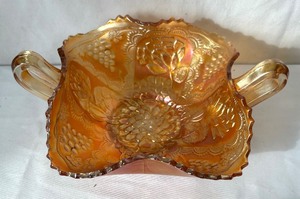 Fenton Carnival Glass Lotus and Grape Patterned Two Handled Six Inch Bowl
