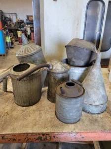 Lot of Galvanized Funnels, Buckets, and More