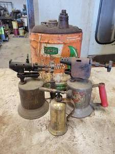 5 Gallon Farm-Oyl Can and (3) Brass Torches