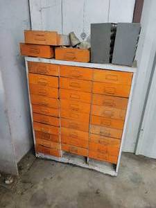 30-Drawer Steel Parts Cabinet with Contents  Parts Organizers on Top of Cabinet