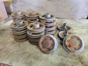 (23) Cast Iron 5.75 Pulleys with 78 Keyed Bores  (4) Rail Wheels