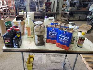 Large Lot of Assorted Shop Chemicals - Acetone, Denatured Alcohol, SAE 30 Oil, WD40 and More