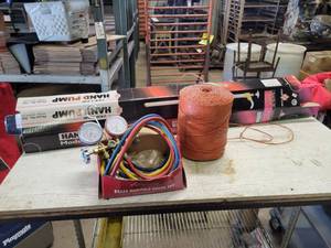 Brand New ZEE LINE Model No. 360 Hand Pump, Brand New Brass Manifold Gauge Set, and Orange Twine