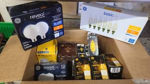 Boxes of misc new bulbs of various styles and shapes