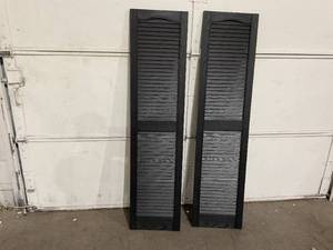 lot 302 image: Mid America Pair of Black Vinyl Cathedral Top Center Mullion Open Louver Shutters