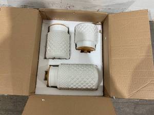 lot 129 image: American Recreations Set of 3 White Ceramic Embossed Faceted Canister with Bamboo Lids and Rubber Gaskets