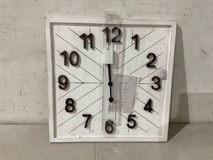 lot 344 image: Barnyard Designs 26 inch Distressed White Square Wooden Decorative Wall Clock