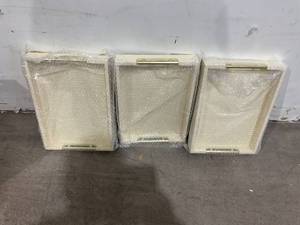 lot 142 image: LOT OF 3 Wood Serving Tray with Gold Polished Metal Handles - Off White