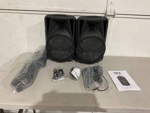 lot 44 image: QFX Rechargeable Portable Bluetooth Stereo PA System with 8 Inch Woofer Speakers, 1 Inch Tweeter, and Accessories