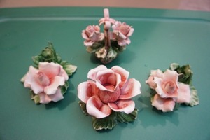 lot 51 image: Collectible Vintage Italian Nuova Capodimonte Porcelain Hand-made Rose Bouquets Flowers Candle Holder Basket Etc.
