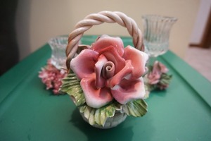 lot 53 image: Collectible Vintage Italian Nuova Capodimonte Porcelain Hand-made Rose Bouquet Basket Flowers Glass Stem Candle Holder Etc.