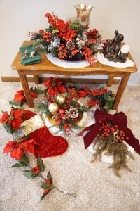 lot 50 image: Holiday DeCor Christmas Floral Stockings Nativity Figurine Swag Linens Etc.