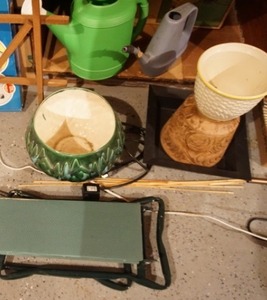 lot 134 image: Lawn and Garden Portable Kneeling Bench, Fountain Pump, Ceramic and Pottery Flower Pots, Watering Cans...