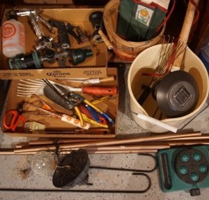 lot 136 image: Lawn and Garden Vintage Gardening Tools, Tree Hooks, Sprinkler Watering Nozzles Etc.