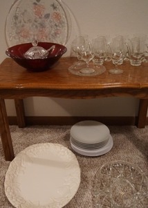 lot 141 image: Collectible Glassware Serving Platter Ruby Red Bowl Hand Blown Drink Mugs Etc.