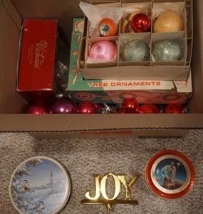lot 143 image: Holiday DeCor Vintage Christmas Tree Ornaments Stocking Hanger Tins Etc...