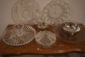 lot 144 image: Collectible Vintage Glassware Serving Platters Egg Server Etc.