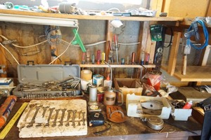 lot 116 image: Garage LUDELL Bench Grinder Finisher and Contents On and Above Workbench