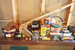 lot 118 image: Antique Vintage Garage Collectibles Containers Ashtray Miniature Anvil Bottles Etc.