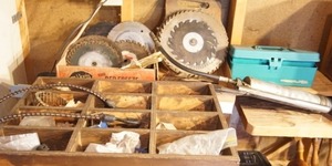 lot 122 image: Garage Circular Saw Blades Nails Grease Gun Etc.