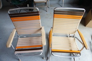lot 31 image: Lawn Furniture MCM Vintage Sun Terrace Aluminum Lawn Patio Chairs Retro Brown Vinyl Strap with One Being a Rocker