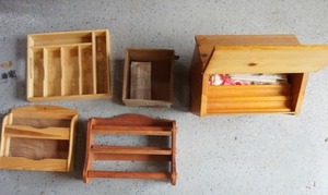 lot 38 image: Housewares Wood Accessories FoilSaranPaper Towel Dispenser, 1950s Sewing BasketBox, Silverware Tray, Spice Rack Etc...