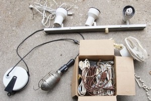 lot 39 image: Garage Lighting Pulley Trouble Light, Track Lighting, Mini Mounting Fan, Extension Cords Etc...