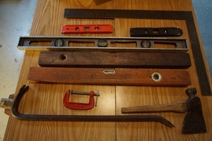 lot 107 image: AntiqueVintage Tools Hatchet Axe Pry Crow Bar Wood Steel Level C-Clamp Square Etc.