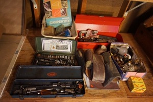 lot 111 image: Garage Hand Tools Metal Tool Box Socket Sets Vintage 14 Pipe Wrench Etc.