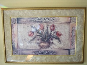 lot 21 image: Home Decor Framed Floral Arrangement, Portugal Brass Candlestick Wall Sconces...