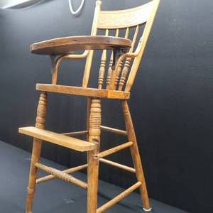 lot 28 image: VINTAGE WOODEN HIGH CHAIR WITH CANING ON THE SEAT