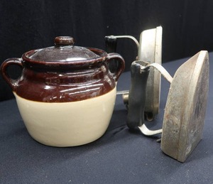 lot 35 image: VINTAGE USA BEAN POT AND VINTAGE IRONS