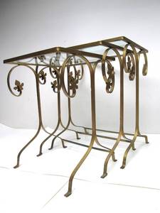 lot 34 image: Set of 3 Vintage Mid Century Gilt Metal Glass Top Nesting Tables