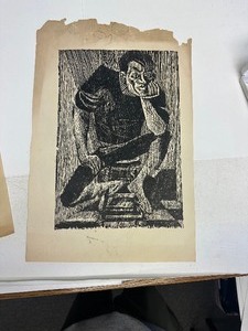 lot 35 image: Mid Century Linocut Print - Seated Man 