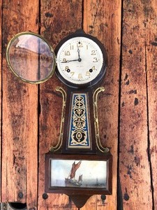lot 98 image: Antique Banjo Clock wHand Painted Boat Scene