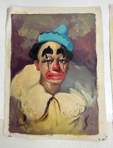 lot 46 image: 2 Vintage 1950s era Unframed Oil on Canvas Clown Portraits