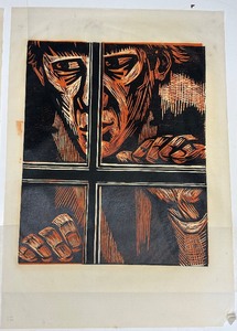 lot 44 image: Pair of Mid Century 1950s era Linocut Prints - Man in Window