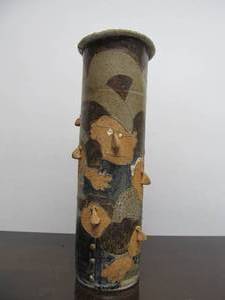 lot 121 image: Large Vintage Art Pottery Stoneware Vase wFaces