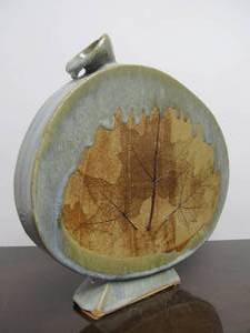 lot 218 image: Large Vintage Signed Studio Art Pottery Vase wMaple Leaf Design by Ken Keppers