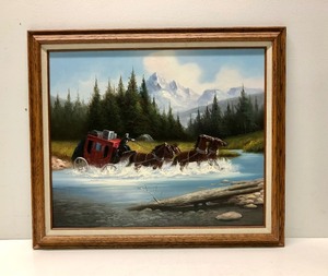 lot 268 image: Awesome Signed Original Oil on Canvas Western Stagecoach Painting 